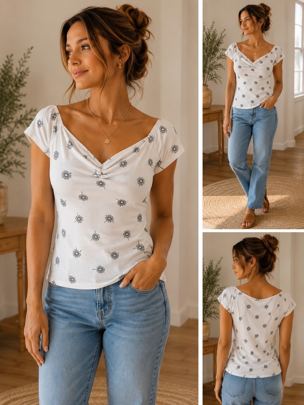 Charlotte Russe White Floral Print Gathered V-Neck Top